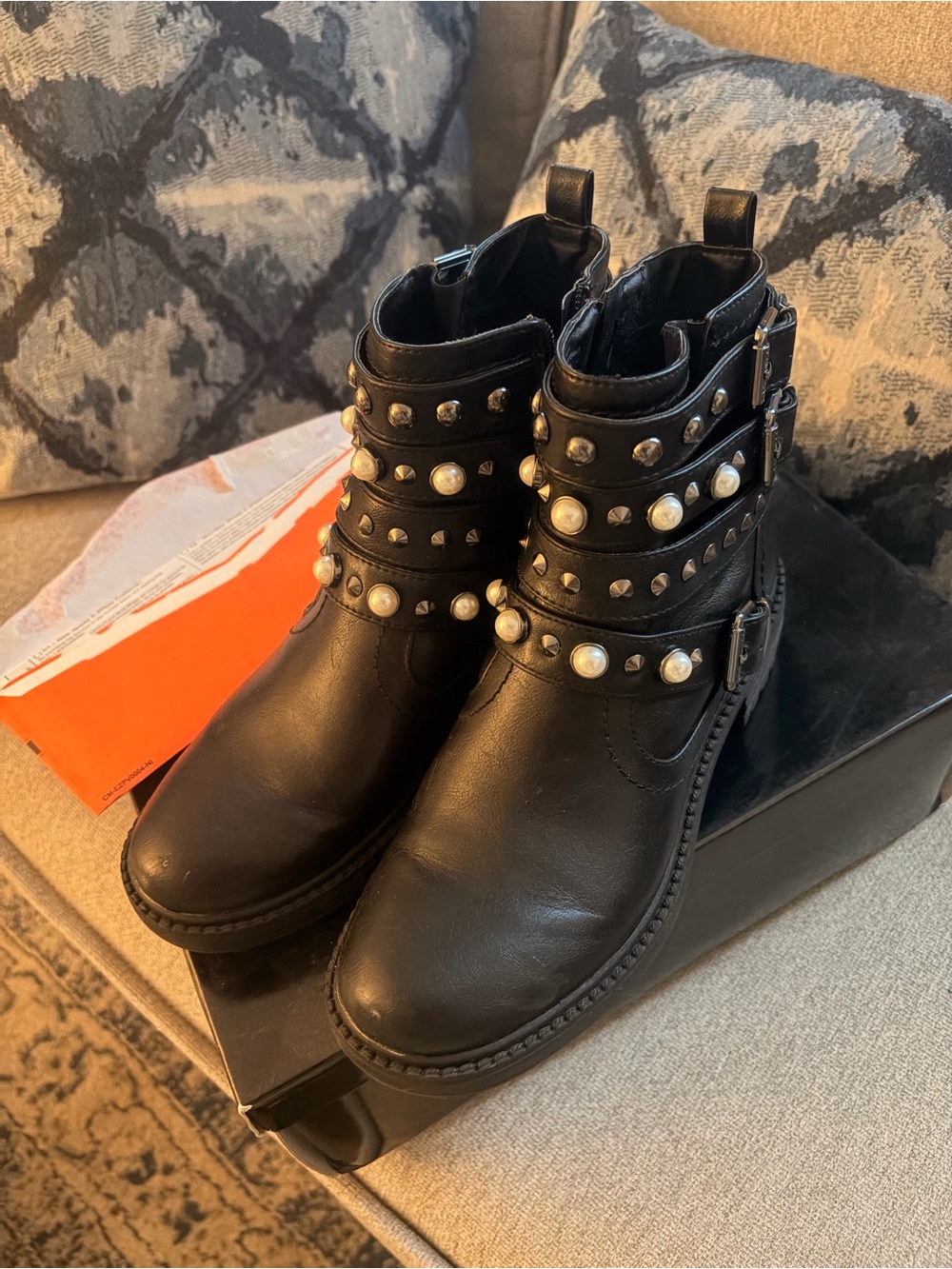 Guess Studded Pearl Accent Black Women's Moto Boot